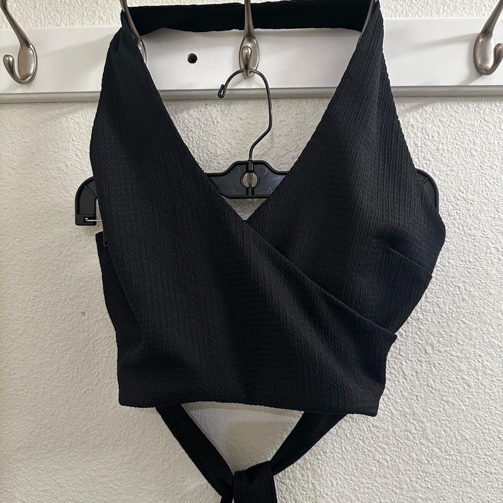 Black Cropped Wrap Halter Top